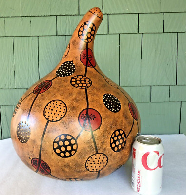 Huge African Hand Painted Carved Gourd 17'' Tall Circle Design Polka Dot