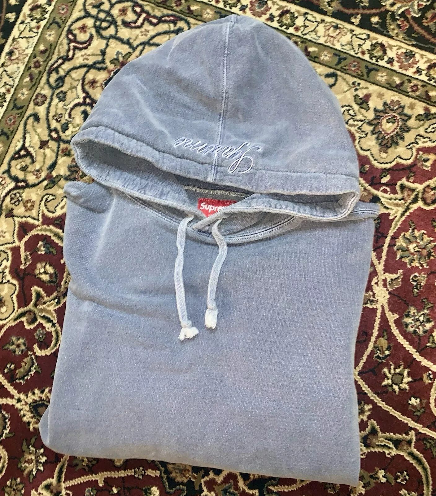 Pull à capuche Supreme FW14 over teinté bleu délavé moyen neuf écriture