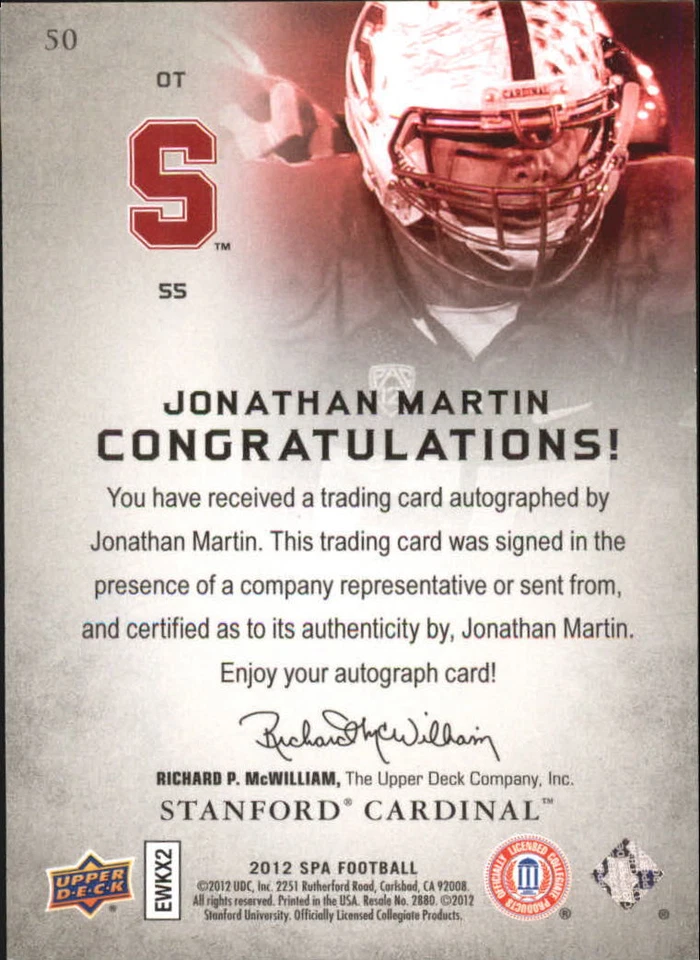 B1151- 2012 SP Authentic Autographs #50 Jonathan Martin Auto SAMPLE PIC - Image 2 of 2
