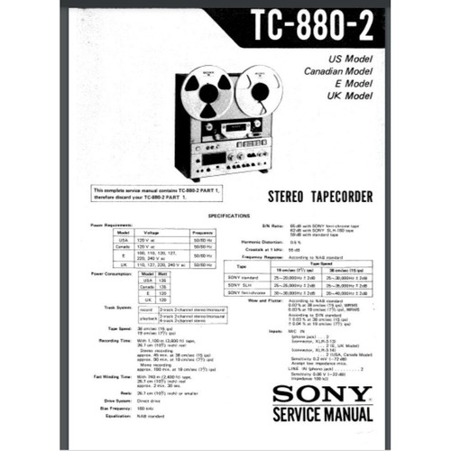 Sony TC-880 2 Reel to Reel Service Owner manual 47 pages Comb bound gloss cover