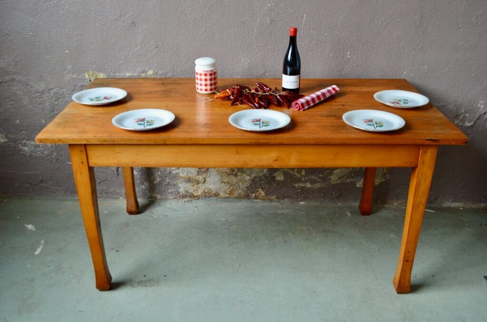 Table ancienne de ferme ou de bistrot en bois massif hêtre clair style bohème - Photo 3/4