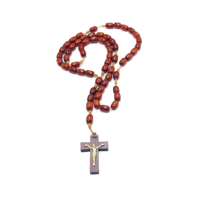 Mens Solid Cherry Wood Beads Cord Rosary Necklace with Crucifix-Made in  Brazil