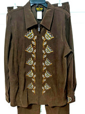 Vintage Bob Mackie Wearable Art Women's Brown Suede Embroidered 2 Pc. Set Sz L