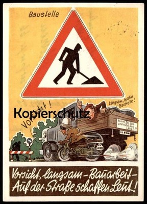 VINTAGE POSTCARD CONSTRUCTION SITE CAUTION SLOW GUSTAV TRUCK MOTORCYCLE CONSTRUCTION WORK ON THE