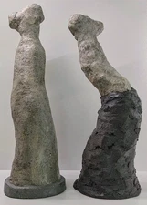 Pair of Handmade Concrete Female Sculptures 12" Semi-Abstract Woman Statues Art