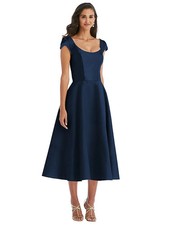 Alfred Sung Women Size 18 Midnight Blue Cap Sleeve Satin Midi Cocktail Dress NEW