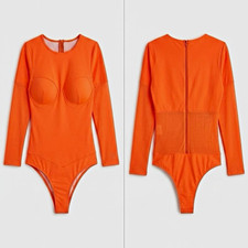 Women's Orange Long Sleeve Semi-Transparent Stretch Zipper Bodysuit, M