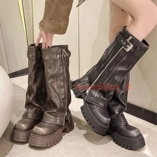 Women Chunky High Heeled Platform Punk Motorcycle Long Booties Goth Street Shoes