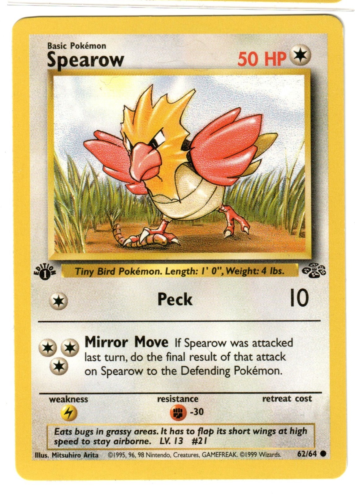 SPEAROW 1st Edition Jungle 62/64 Vintage English Pokemon Card 1999 WOTC NM