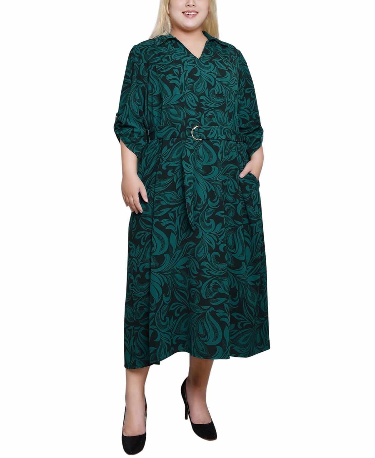 NY Collection Plus Size 1X Roll Tab Sleeve Belted Dress Green MSRP $60