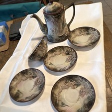 Dragon Pattern Ceramic Tea Set Glossy Gray Teapot Cups Saucers Round