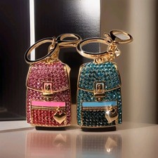 Pink Rhinestone Purse Shaped Bag Charm Keychain W/Gold-tone Hardware 2 Tone Pink