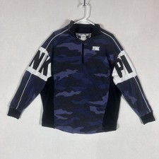 Pink Victorias Secret Sweatshirt Womens Small Blue Black Camouflage 1/4 Zip Logo