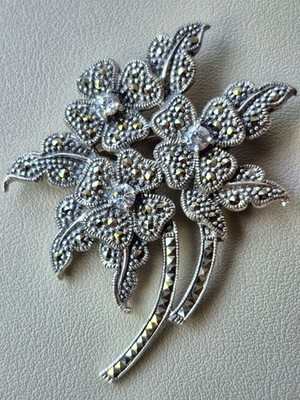 Vintage 925 Sterling Silver Marcasite Flower Brooch Pin CZ Thailand Estate