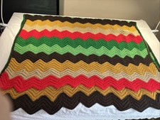 Vtg 1970s Granny Blanket Chevron Pattern Crochet Handmade Blanket 72 x 49 Retro