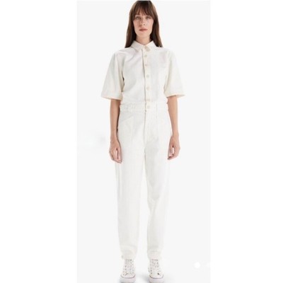 MOTHER Elbow Grease Jumpsuit Flood Ivory Denim Utility Coverall Womens S