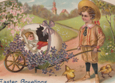 Vintage Easter Postcard Well Dressed Boy Pulling Egg with Child Inside Chicks