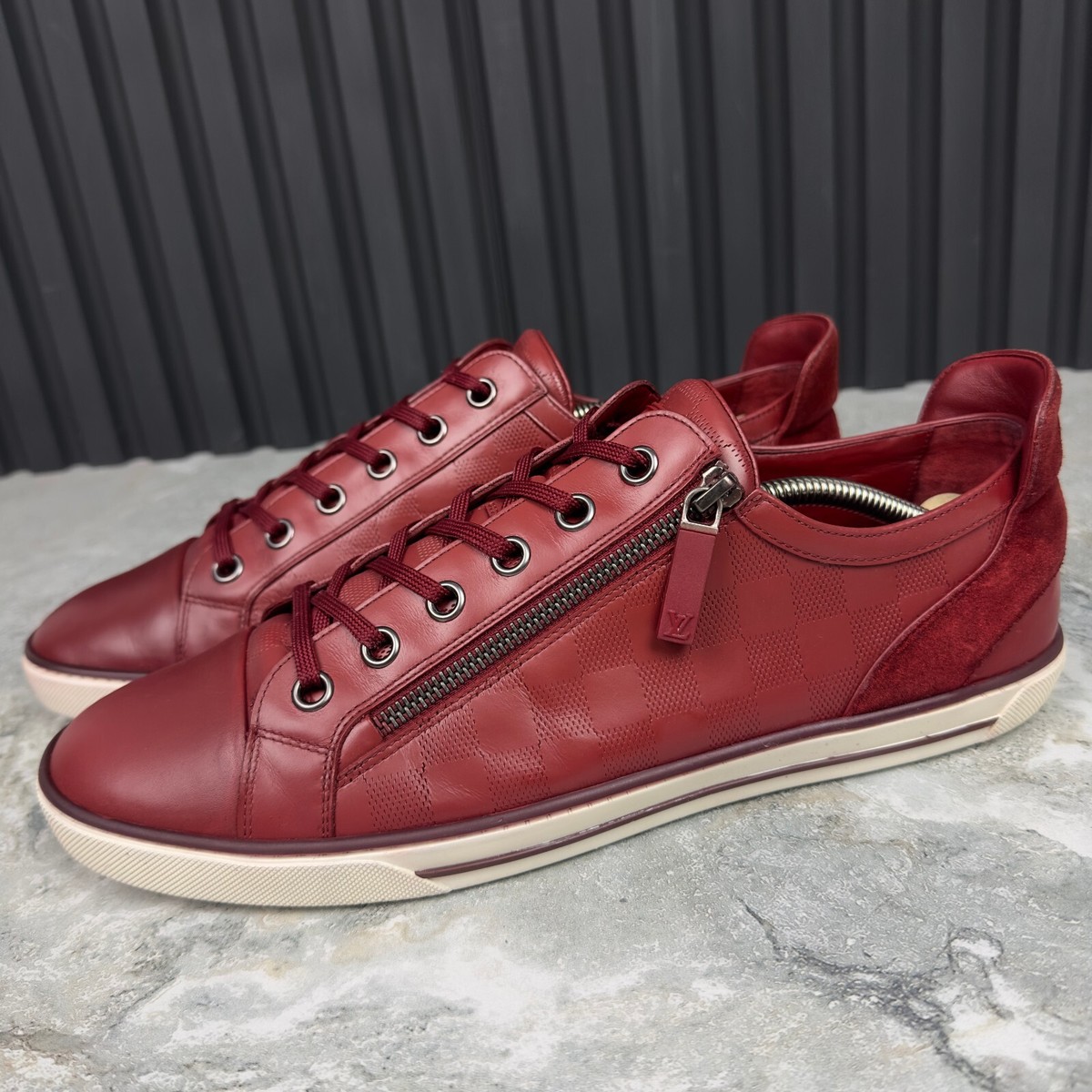 LOUIS VUITTON - JAMP Louis Vuitton Challenge Zip Up Damier Sneakers Red Leather