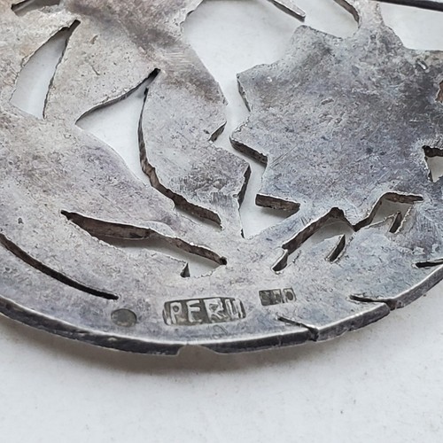 VINTAGE STERLING SILVER .925 PERU PIN BROOCH/ CiIRCLE BIRD FLOWER J18 - Picture 8 of 11