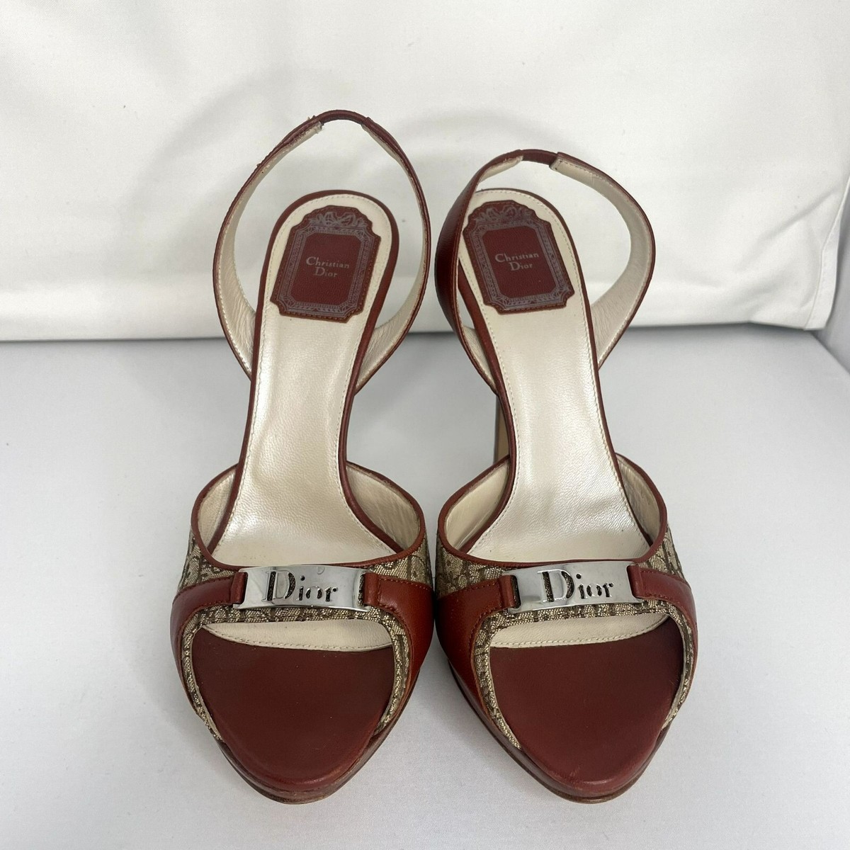 DIOR Vintage 00s Oblique Jacquard Canvas Slingback Brown Pumps