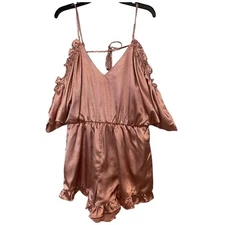 SAN JOY Open Shoulder Pink Satin Romper Size Large Tie Back Ruffle Hem