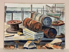Vintage Original Watercolor Wharf Still Life Signed Double Sided Watercolor