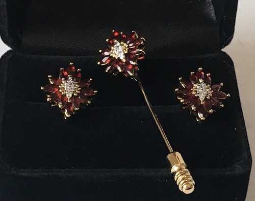 Vintage Garnet Stick Pin W Matching Earrings Marked JC Pierced Gold Tone - Picture 14 of 14
