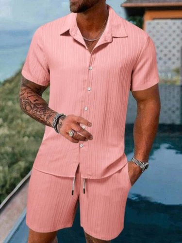 Conjunto de 2 trajes informales de manga corta y pantalones cortos de verano para hombre❤ - Imagen 15 de 23