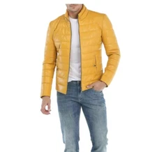 Men's Yellow Puffer Jacket 100% Real Lambskin Leather Quilted Moto Biker Jacket