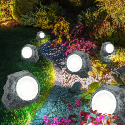 6x Luxus LED Solar Stein Deko Außen Bereich Lampen Rasen Leuchten Park Strahler