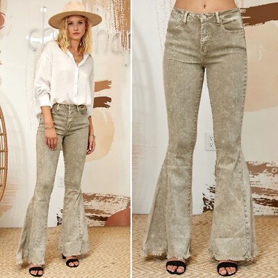 パンツ JEANS Woman Pants Beige DW0DW20350 ACG Women's Sunland 17 Beige Acid Wash Bell Bottom Flare