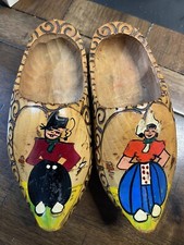 Vintage Dutch Wooden Shoe Set Hand Carved Painted Tab On Back For Wall Hanging