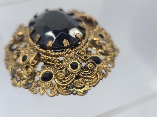 Vintage West Germany Ornate Filigree Jet Black Glass Rhinestone Brooch 2.4" - Picture 6 of 14