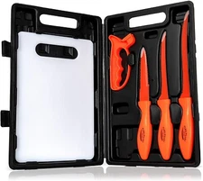 FISH KNIFE SET & Case 5pc Flex Fishing Fillet Knives Sharpener Cutting Board Kit