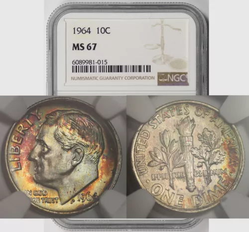 1964 Roosevelt Dime 10C MS 67 NGC Color Toned