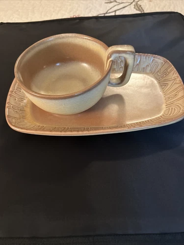 Frankoma Pottery Soup Bowl/Mug and Sandwich Tray Set Desert Gold Mayan Aztec