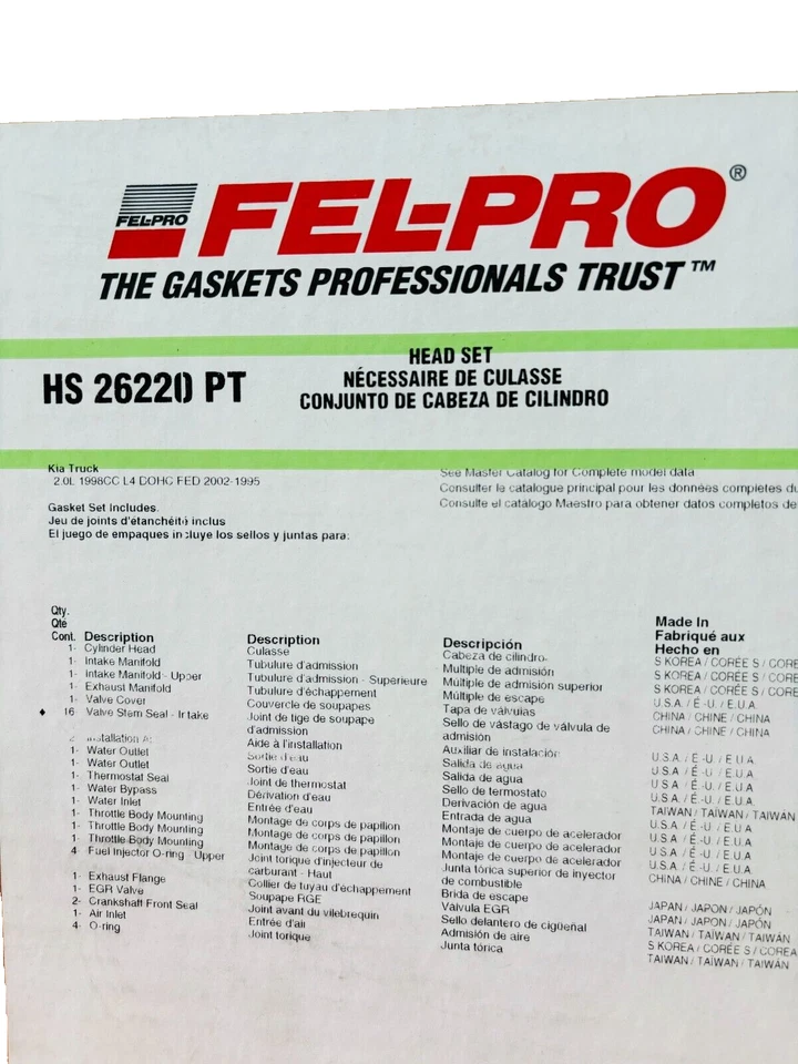 Conjunto de junta de cabeça FELPRO FEL-PRO HS26220PT compatível com 95-02 Kia Sportage 2.0L DOHC - Imagem 3 de 3