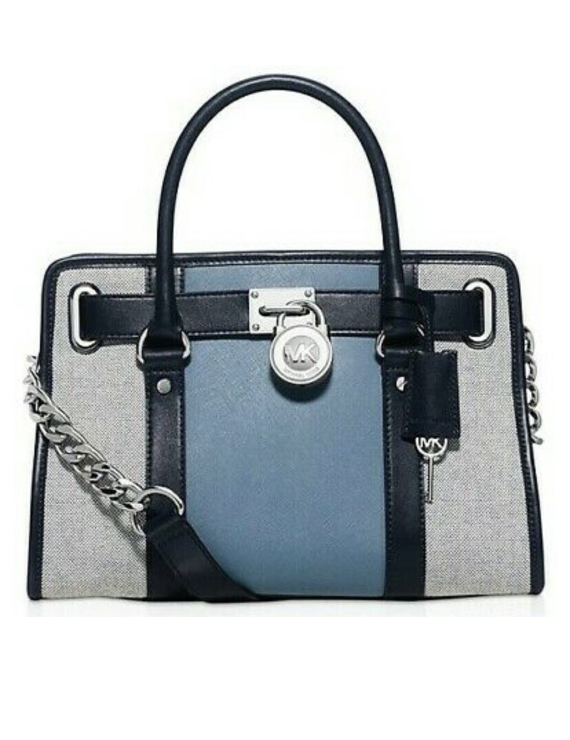 MICHAEL KORS Hamilton Center Stripe Blue/Gray Saffiano Leather 