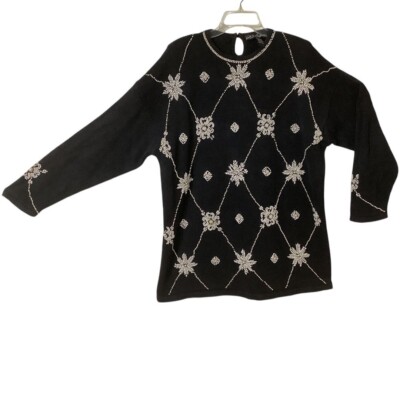Vintage Work In Progress By Gladys Bagley Beaded Black Knit - Sweater Size 2X