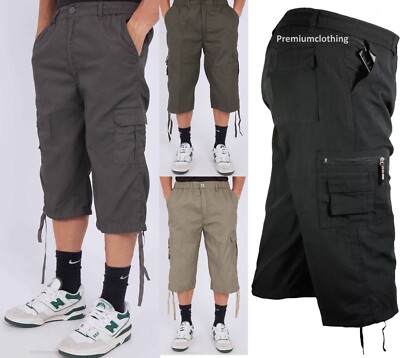 Mens 3/4 Long Length Shorts multi POCKETS Elasticated Waist Cargo Three  Quarter UK