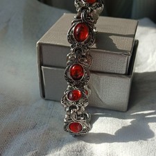 Silver Tone Link Bracelet Red Oval Cabochon S...