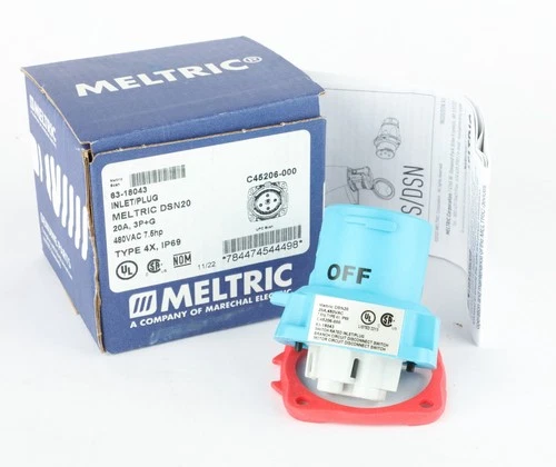 Meltric 63-18043 Inlet Plug, 3-P+G, 480VAC, 20Amp, 7.5Hp, IP69