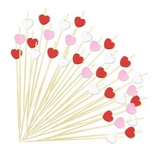 100 Pcs Heart Cocktail Picks 4.7 Inch Long Red Pink White Heart Shaped Bamboo