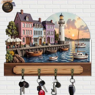 Wand Schlüsselanhänger 30cm - Küstenstadt Organizer 2D 4 Haken Eingang