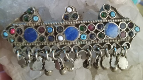 Handmade Vintage Coin Silver Lapis Kuchi Tribal Gypsy Barrette Brooch 3" 22 Grm