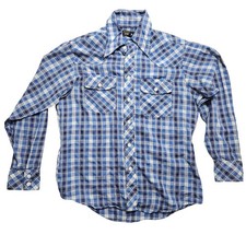 Vintage Towncraft JCPenney Blue Plaid Western Tapered Button Up Shirt Mens M 