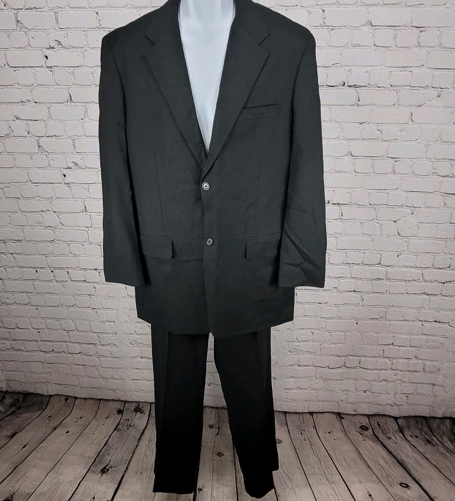 Perry Ellis Black Wool Blend Full Suit Set Notch Jacket 42 P