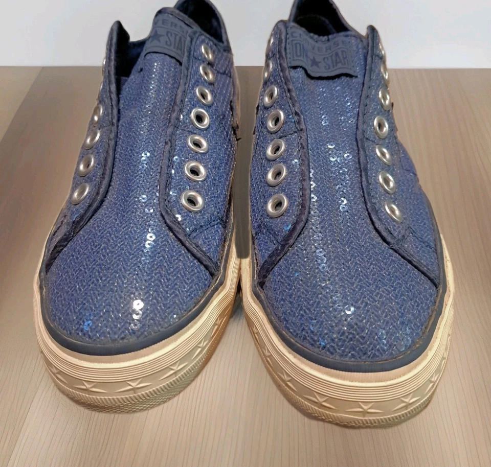 罕见 Converse One Star Chuck Taylor 低帮无带运动鞋 蓝色亮片 Wm 10 Y2K — 第 2/4 张图片