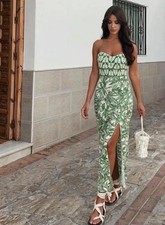 ZARA STRAPLESS PRINTED DRESS Summer TROPICAL MIDI Small Blogger Linen Sold Out
