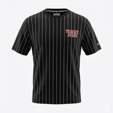 Image of Tommy Jeans Mens T-Shirt Size M-L Black Pinstripe Logo Cotton Retro Tee NWT
